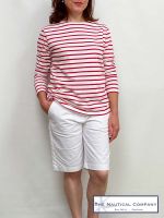 Women's Striped Breton Top, Lightweight Organic Cotton, Long Sleeves, White/Red