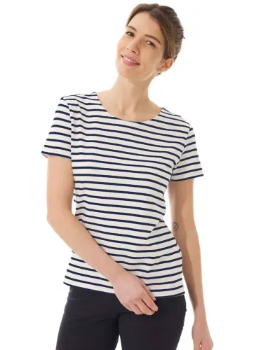 Women's Striped Breton Top, Lightweight Organic Cotton, Short Sleeves, Cream/Navy