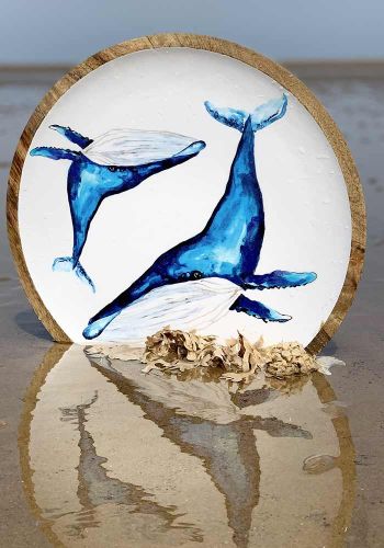 Large Mango Wood Round Platter - Blue Whales