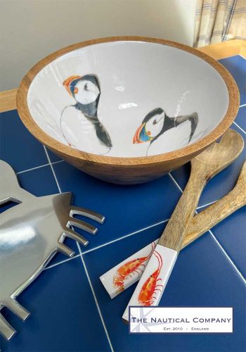 Mango Wood Salad Bowl with Puffins